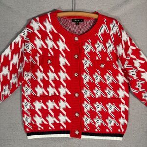 Shop 17 Red Houndstooth Knit Cardigan Size M Button Front Pocket Preppy Heritage